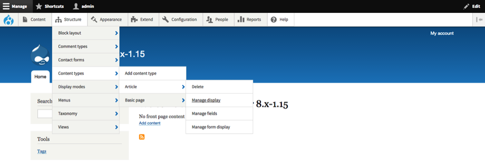 Drupal 8 installation with Admin Toolbar in use